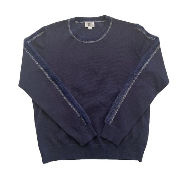 Yal Size Large Sweater Navy with Silver & Fuzzy Fur On Sleeve - Picture 1 of 5